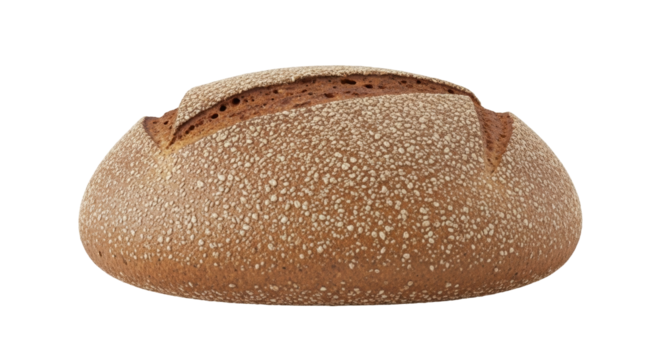 Isolated sourdough bread loaf, rustic bakery food, homemade artisan bread, whole grain loaf