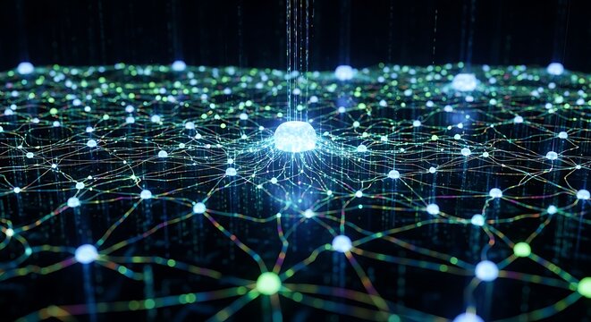 Human and robotic handshake representing future collaboration technology and Business team presenting with digital projection in modern office