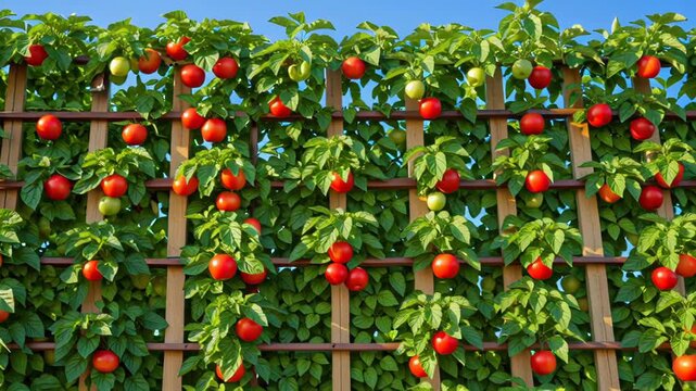 Vibrant tomato plants growing on a trellis under a clear blue sky.