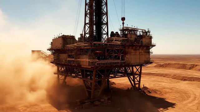Oil Drilling Platform in Australian Outback Surrounded by Desert Dust Storm During Daytime