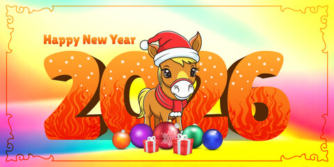 Vector 3D holiday poster. 2026 is Year of fire Horse. Merry Christmas and Happy New Year. Funny cute little orange toon pony wearing Santa hat and red scarf. Glass colored balls and gift boxes