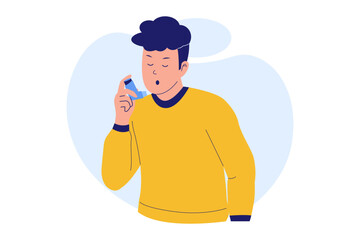Illustration of a Man Asthma Attack and Inhaler Use. Person Using a Puffer to Treat a Respiratory Crisis and Breathing Difficulty