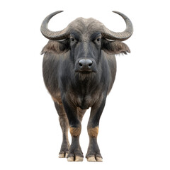 A powerful African buffalo stands front and center, showcasing its impressive curved horns and dark fur against a clean transparent background. background removed