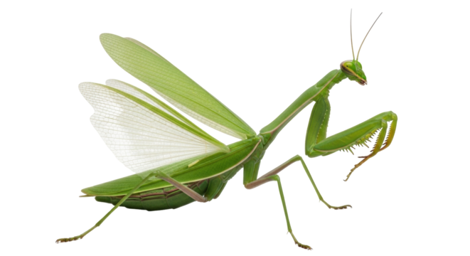 Isolated Praying Mantis with wings spread is predatory insect, ready to ambush prey