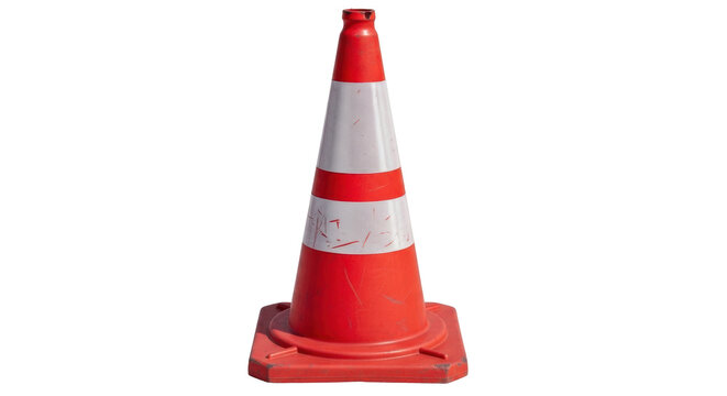 Isolated red and white traffic cone warning device protects roadside construction sites