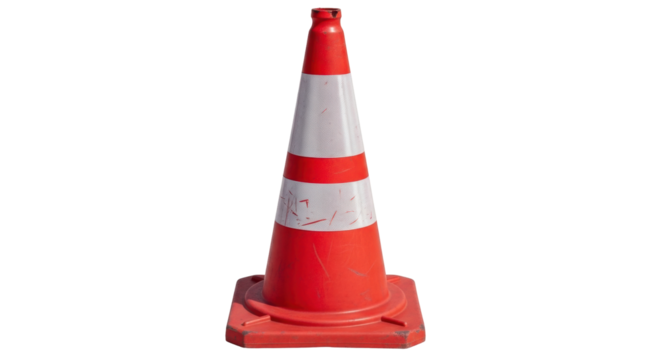 Isolated red and white traffic cone warning device protects roadside construction sites