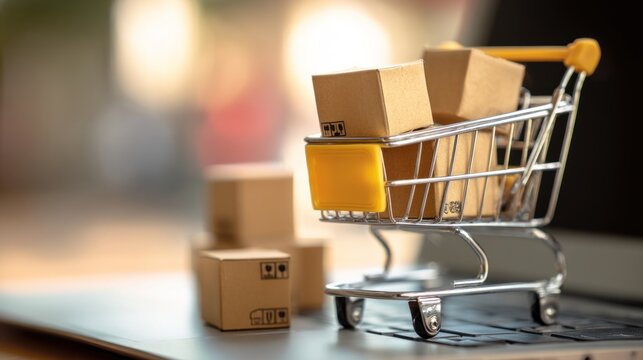 Miniature cart filled with boxes sits beside a laptop, showcasing the ease of online shopping in a cozy setting