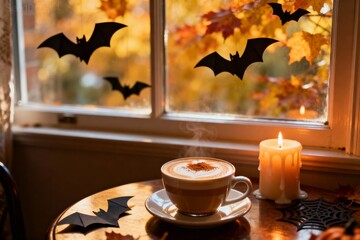 Autumn Window with Bats and Coffee Cup