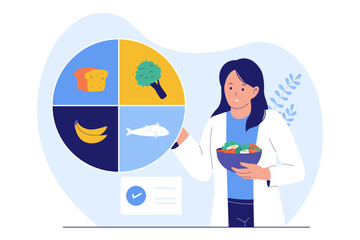 Illustration of Nutritionist and Healthy Eating Plan. Professional Doctor Holding a Food Chart and Promoting Balanced Diet