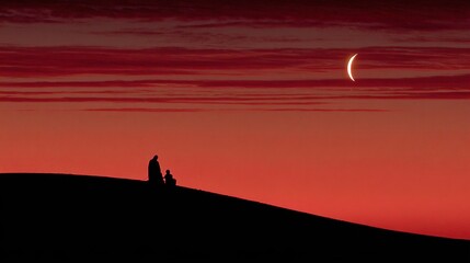 Obraz premium Silhouette of two figures atop a hill beneath a crescent moon, illuminated by a fiery red sky, evoking quietude and contemplation.