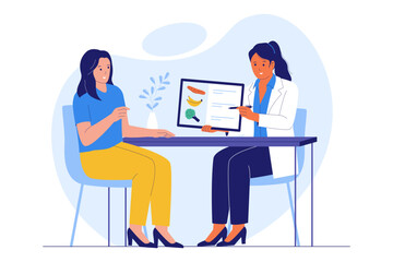 Fototapeta premium Illustration of Nutritionist Consultation and Diet Planning. Patient Discussing a Personalized Diet Plan with a Doctor