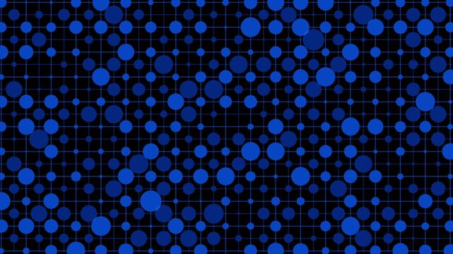 Animated blue dots on black grid background with variable size circles creating dynamic digital pattern perfect for technology presentations and data visualization motion graphics video