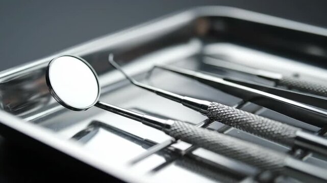 Dental Instruments on Shiny Tray at a Dentistry Office During the Day
