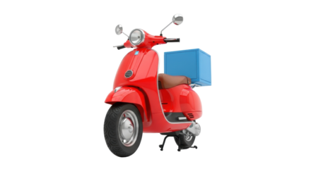 Isolated Red Delivery Scooter, Food Transport. Classic Italian Moped with Blue Delivery Box