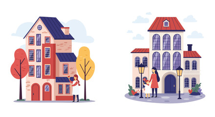 Charming european buildings with people enjoying a peaceful autumn day scene