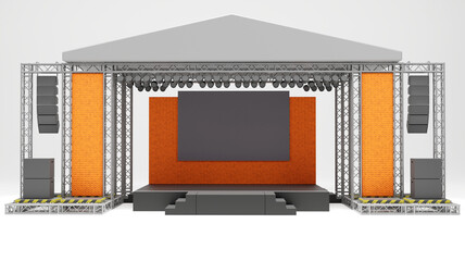 3d rendering of outdoor stage rigging truss with light and sound system, center screen and  side scene, all event, concert, performance business concept