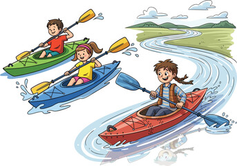 Cartoon Lifestyle Icons Featuring Trio Kayaking on Winding River, Joyful Mood, Outdoor Adventure Theme, and Scenic Nature Scene