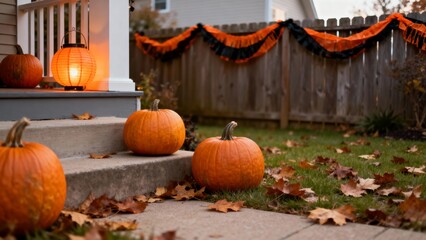 Halloween Porch with Pumpkins and Orange Garland