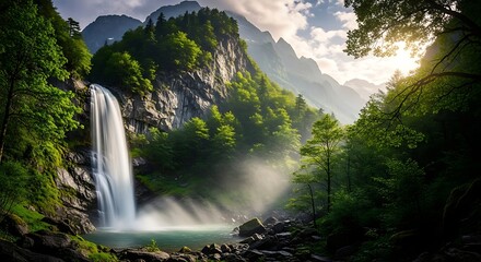 Majestic Waterfall Cascading into Serene Pool Amidst Lush Green Forest and Mountain Peaks in Breathtaking Scenery.