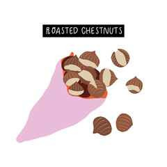 Pink bag of hand drawn roasted chestnuts, isolated on white background. Set of fried autumn chestnut.