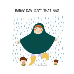 Happy kid in raincoat and rubber boots in a rainy autumn day. Hand drawn flat vector character Illustration. Joyful preschooler enjoying the rain. Vector clipart