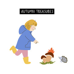 Happy kid in raincoat and rubber boots in a rainy autumn day spotting the mushrooms. Hand drawn flat vector character Illustration. Joyful preschooler enjoying the rain. Vector clipart