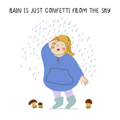 Happy kid in raincoat and rubber boots in a rainy autumn day. Hand drawn flat vector character Illustration. Joyful preschooler enjoying the rain. Vector clipart