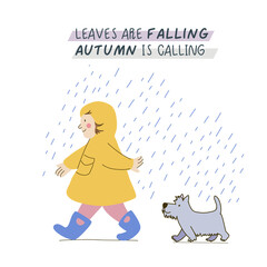 Happy kid in raincoat and rubber boots with a dog in a rainy autumn day. Hand drawn flat vector character Illustration. Joyful preschooler enjoying walk the rain. Vector clipart