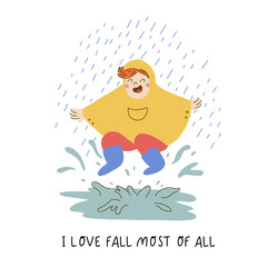 Happy kid in raincoat and rubber boots in a rainy autumn day. Hand drawn flat vector character Illustration. Joyful preschooler enjoying the rain. Vector clipart