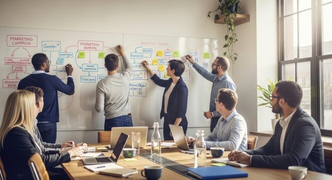 Diverse Business Team Collaborating on Marketing Strategy Whiteboard in Modern Office