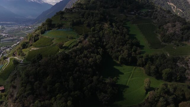 Juval castle, medieval castle 1000 meters above sea level over looking valley in South Tyrol, Italy. Aerial video.