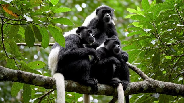Monkeys playfully interact on tree branch in green foliage. Bright, vibrant forest setting enhances natural habitat. Concept of wildlife observation, animal behavior, environmental education