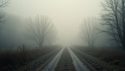 Misty Road Through a Quiet Landscape in the Early Morning Light