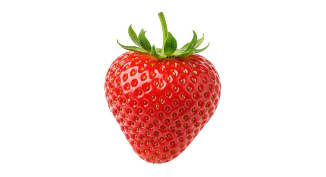 Isolated ripe strawberry with stem, fresh red fruit for dessert, healthy eating concept