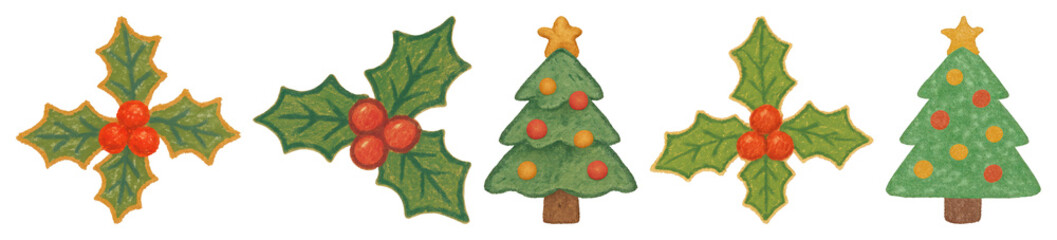 Fototapeta premium PNG Festive holly Christmas tree illustrations, element set on transparent background