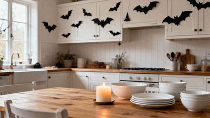 Halloween Kitchen Decor with Bats and Candles