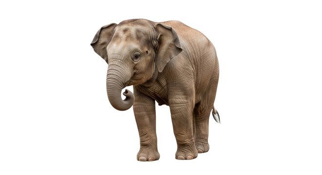 Isolated elephant calf standing, trunk curled, animal portrait, close-up, Asian wildlife, cute, wild