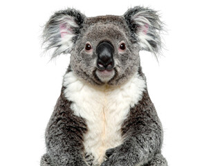 Naklejka premium Closeup portrait of a koala bear sitting and looking forward, isolated on transparent background