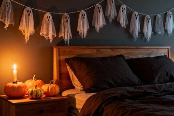 Halloween Bedroom with Pumpkins and Garland