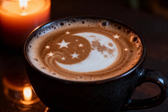 Halloween Latte with Moon and Stars Art