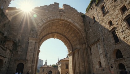 Historic Stone Archway With Sunlight Shining Over a Bustling Town Square in the Afternoon