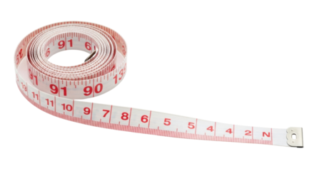 Isolated soft tape measure with red markings rolled up and stretched out to end tab