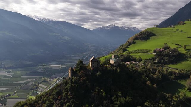 Juval castle, medieval castle 1000 meters above sea level over looking valley in South Tyrol, Italy. Aerial video.