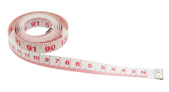 Isolated soft tape measure with red markings rolled up and stretched out to end tab - Powered by Adobe