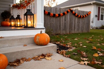 Halloween Porch Decor with Pumpkins and Lanterns