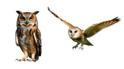 Naklejka premium Two owls, one standing and one flying, isolated on transparent background