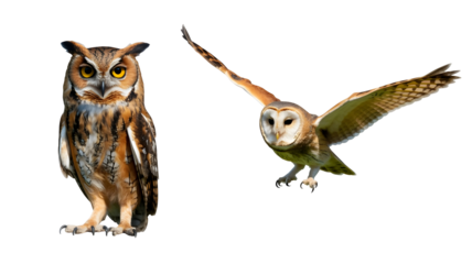 Two owls, one standing and one flying, isolated on transparent background