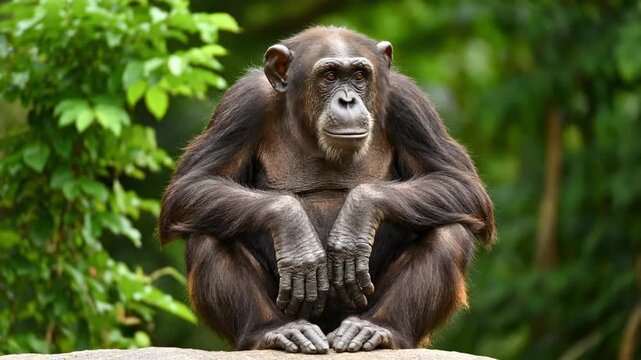 Chimpanzee sits thoughtfully with arms crossed in vibrant jungle. Natural environment filled with green foliage creates serene atmosphere. Concept of wildlife, animal behavior, conservation