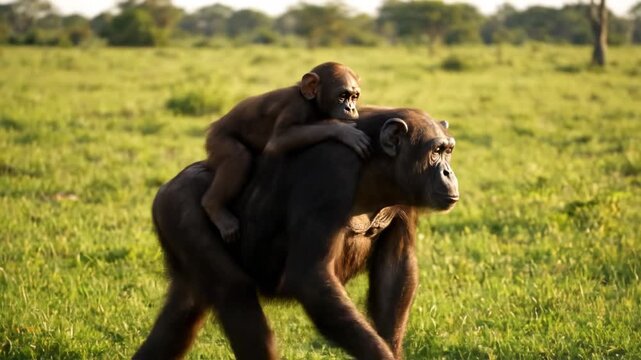Baby monkey hugs adult gorilla while riding on its back. Bright green field setting shows nature in action under blue sky. Concept of wildlife, animal behavior, nature conservation