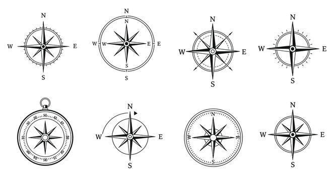Collection of vintage compass roses and navigational instruments shown in black